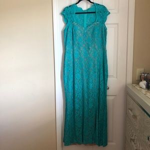 Jodi Kristopher Aqua blue shimmer lace prom dress